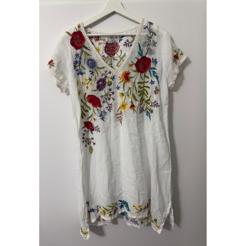 Johnny Was Workshop Floral Embroidered Ramie Tunic Womens L White Boho Peasant